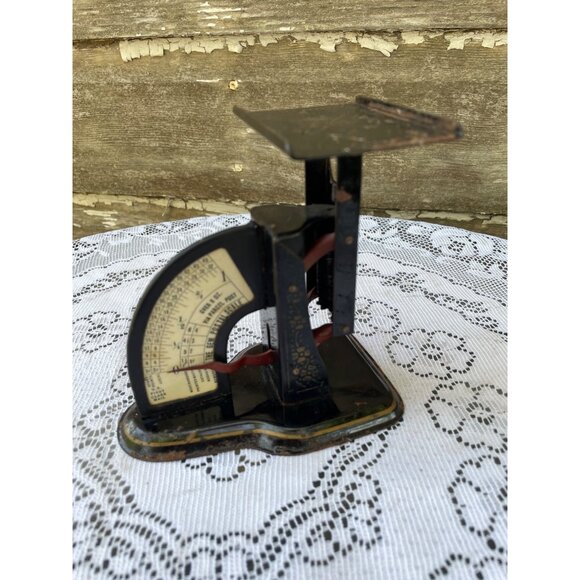 Antique 1910 Gem Postal Scale Tin Black Toleware Flowers - Picture 12 of 12